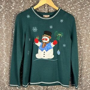White‎ Stag Green Ugly Christmas Sweater Happy Snowman Metallic Beads